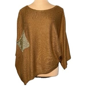 Kerisma EUC Brown Unique Angled Hem Metallic Mesh Gold Pocket Knit Top Size M